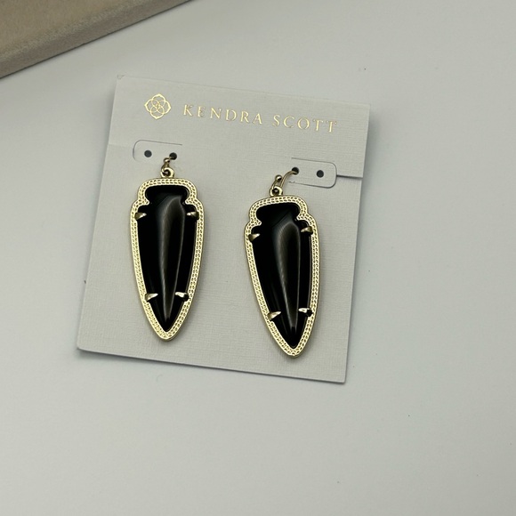 Kendra Scott Skylar Earrings 2" Dangle Drop Black & Gold Tone Pouch - Picture 9 of 12